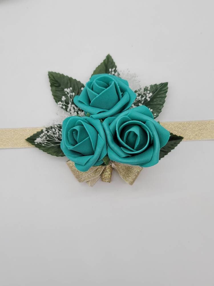 Teal And Gold Boutonnieres And Corsages, Available In 27 Colors, Corsages Available In Pin On And Wrist, Matching Bouquets Available