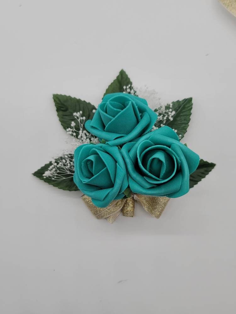 Teal And Gold Boutonnieres And Corsages, Available In 27 Colors, Corsages Available In Pin On And Wrist, Matching Bouquets Available