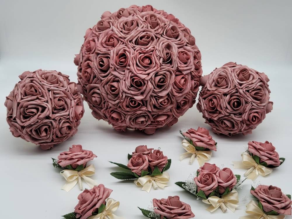 Dusty Rose Wedding Bouquet-Romantic Bridal Bouquet-Ivory Ribbon-Bridesmaid & Bridal Flowers- Custom Colors-Matching Boutonnieres/Corsages