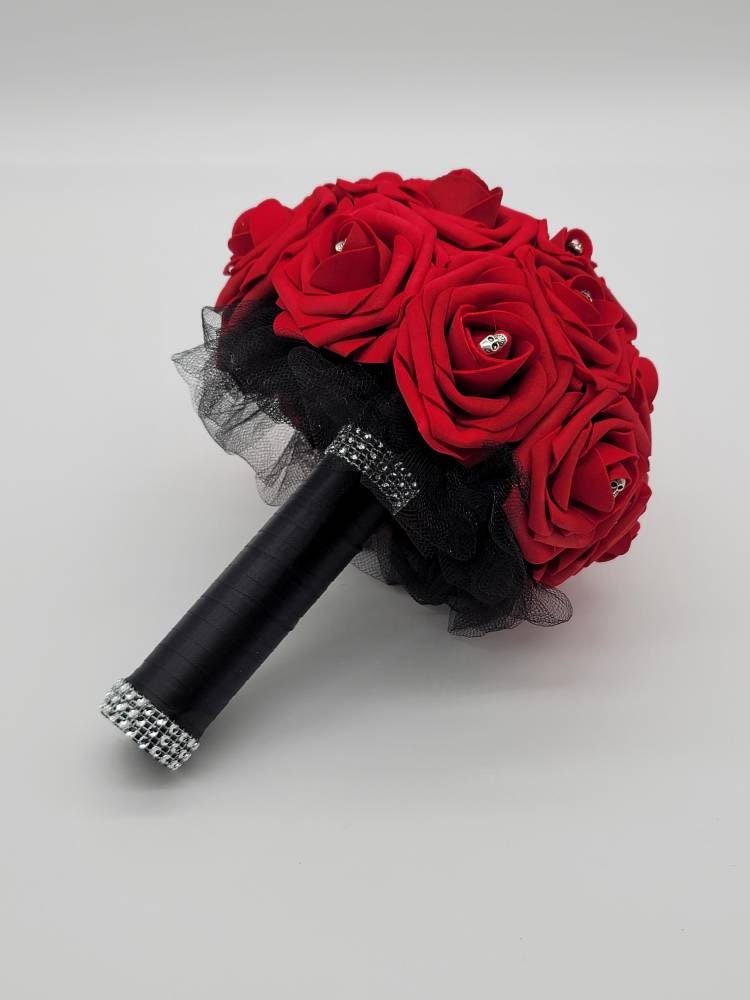 Gothic Skull Red And Black Wedding Bouquet, Bridal Bouquet, Bridesmaid Bouquet, Matching Corsages and Boutonnieres, Halloween Bouquet