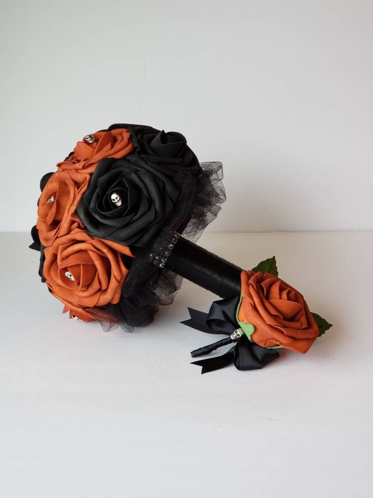 Gothic Skull Burnt Orange And Black Wedding Bouquet, Bridal Bouquet,Bridesmaid Bouquet,Matching Corsages and Boutonnieres, Halloween Wedding