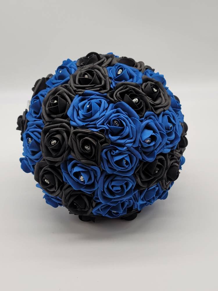 Gothic Royal Blue And Black Skull Wedding Bouquet, Bridal Bouquet, Bridesmaid Bouquet, Matching Boutonnieres and Corsages, Halloween Bouquet