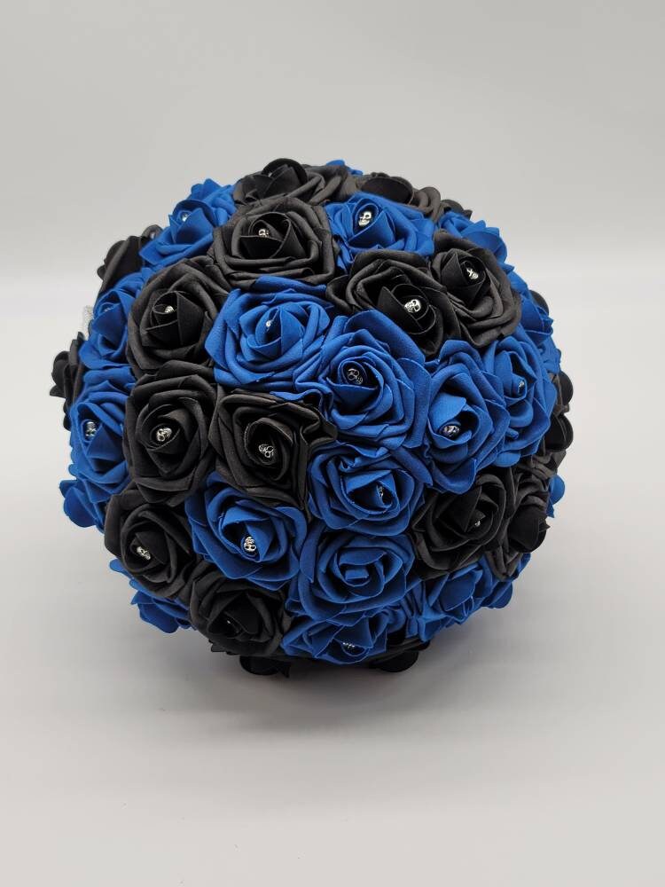 Gothic Skull Royal Blue And Black Wedding Bouquet, Bridal Bouquet, Bridesmaid Bouquet, Matching Corsages and Boutonnieres, Halloween Wedding