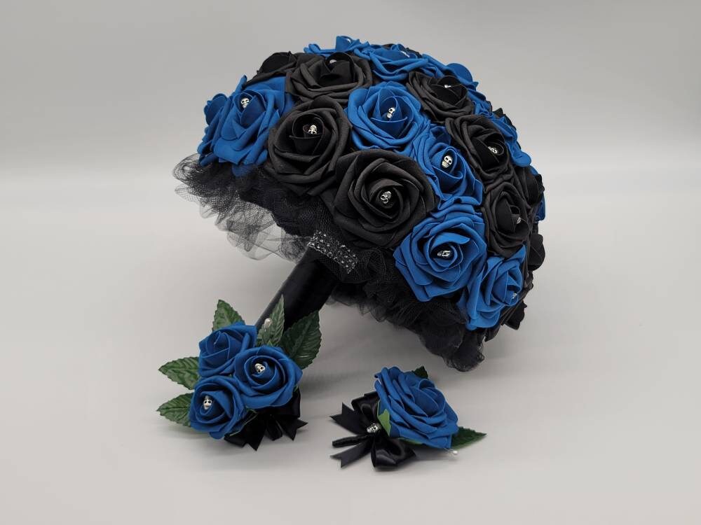 Royal Blue And Black Skull Boutonniere and Corsages, Corsages available in pin on and wrist, Halloween Wedding