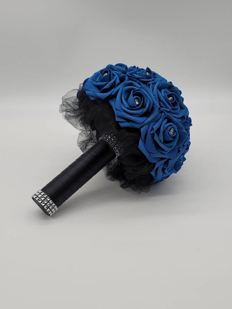 Gothic Skull Royal Blue and Black Wedding Bouquet,Bridal Bouquet, Bridesmaid Bouquet, Matching Corsages and Boutonnieres, Halloween Wedding