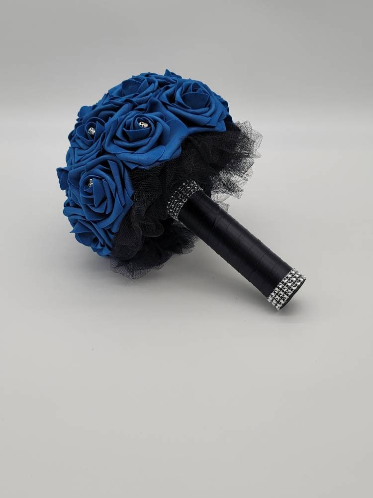 Gothic Skull Royal Blue and Black Wedding Bouquet,Bridal Bouquet, Bridesmaid Bouquet, Matching Corsages and Boutonnieres, Halloween Wedding