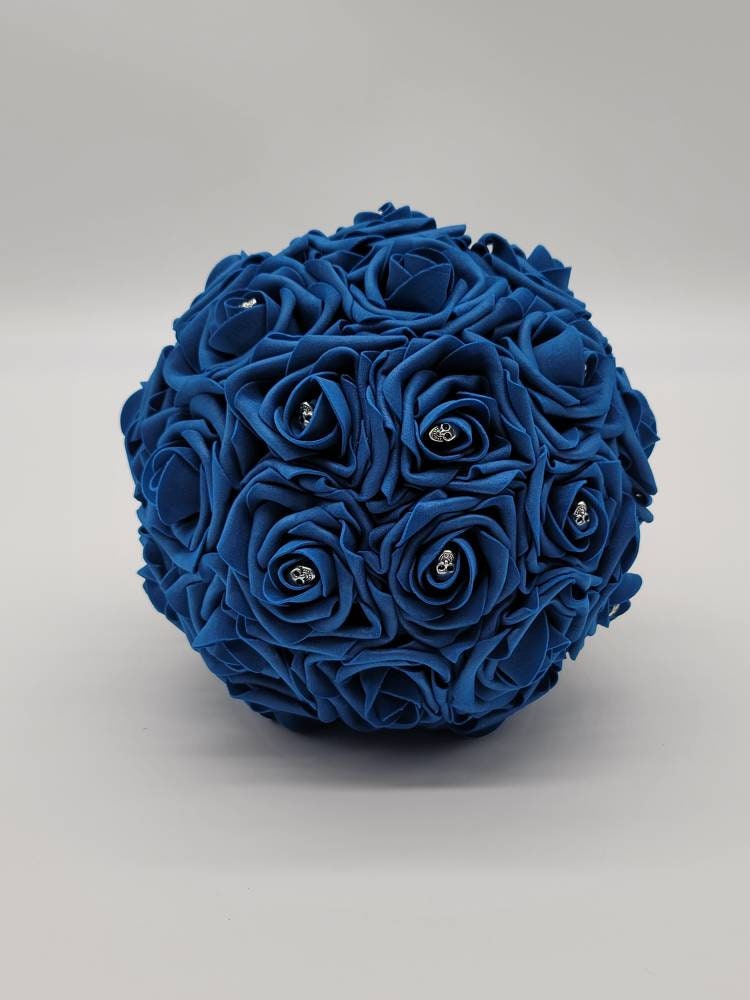 Gothic Skull Royal Blue and Black Wedding Bouquet,Bridal Bouquet, Bridesmaid Bouquet, Matching Corsages and Boutonnieres, Halloween Wedding