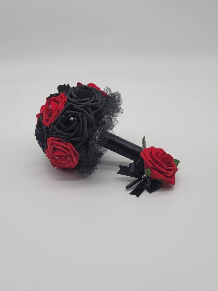 Gothic Skull Red And Black Wedding Bouquet, Bridal Bouquet, Bridesmaid Bouquet, Matching Corsages and Boutonnieres, Halloween Wedding
