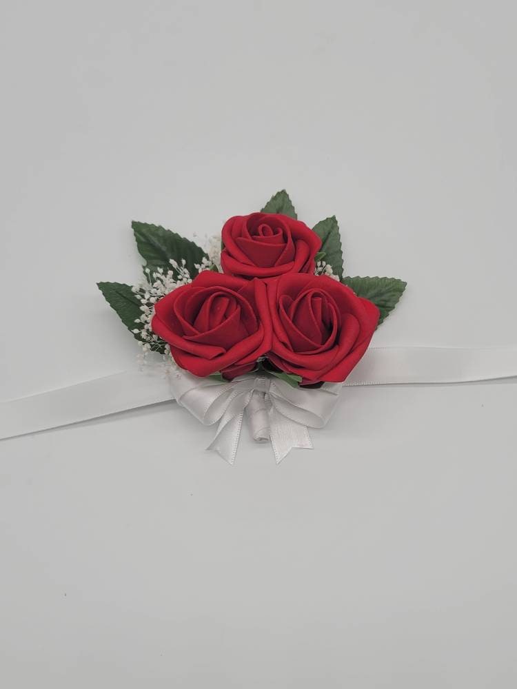 Red and White Boutonniere with Baby's Breath and Matching Corsage
