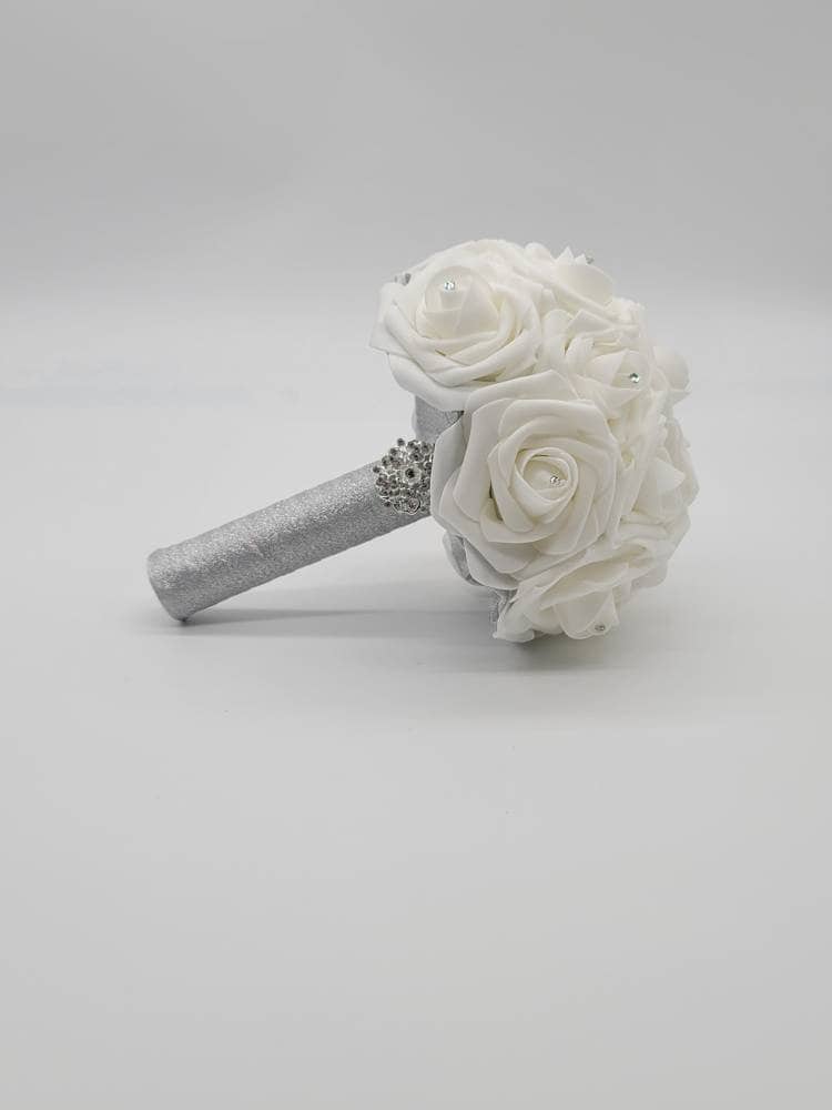 White and Silver Wedding Bouquet Made With Real Touch Roses, Bridal Bouquet, Bridesmaid Bouquet and Matching Boutonnieres and Corsages