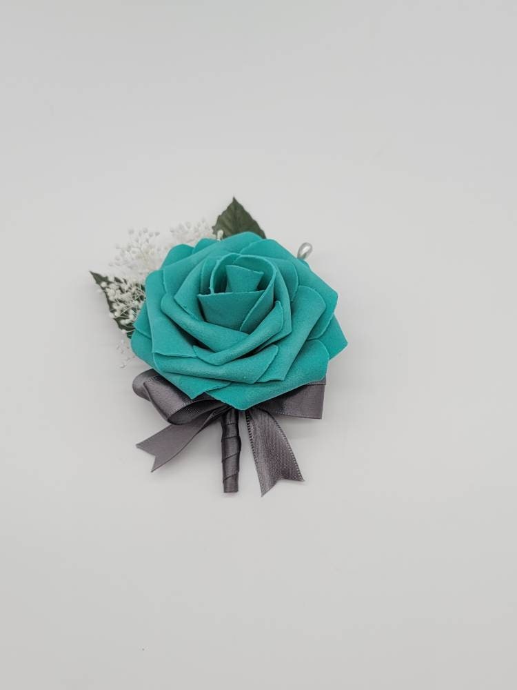 Teal And Gray Boutonnieres And Corsages, Available In 27 Colors, Corsages Available In Pin On And Wrist, Matching Bouquets Available