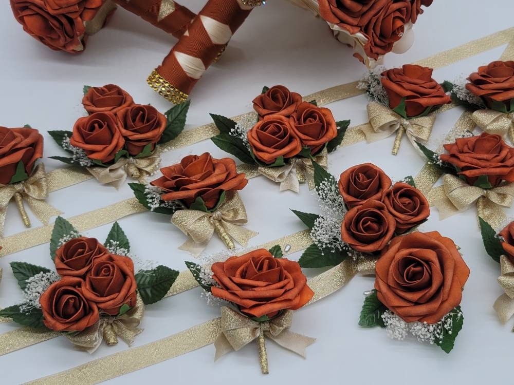 Burnt Orange and Gold Wedding Bouquet Made With Real Touch Roses, Bridal Bouquet, Bridesmaid Bouquet and Matching Boutonnieres and Corsages