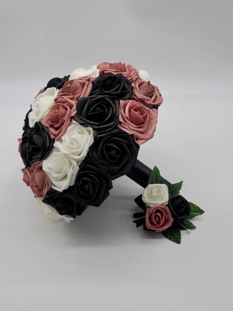 Dusty Rose, Black, and Ivory Wedding Bouquet-Modern Romantic Bridal Bouquet-Custom Colors Available-Boutonnieres and Corsages
