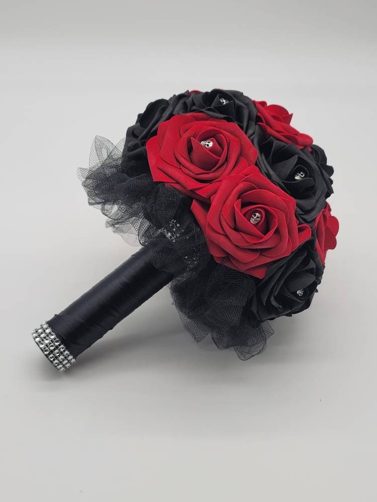 Gothic Skull Red And Black Wedding Bouquet, Bridal Bouquet, Bridesmaid Bouquet, Matching Corsages and Boutonnieres, Halloween Wedding