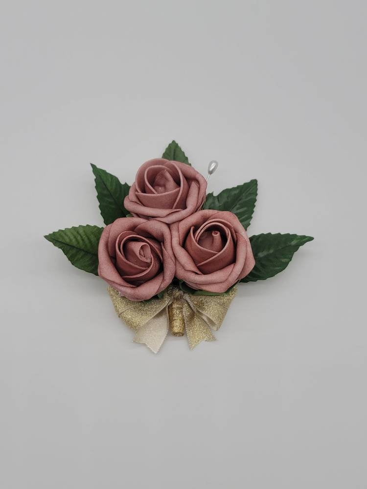 Dusty rose And gold Boutonnieres And Corsages, Available In 27 Colors, Corsages Available In Pin On And Wrist, Matching Bouquets Available