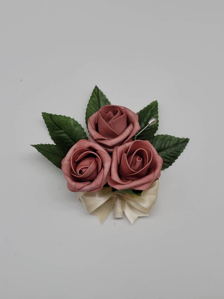 Dusty rose And ivory Boutonnieres And Corsages, Available In 27 Colors, Corsages Available In Pin On And Wrist, Matching Bouquets Available