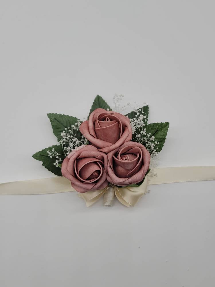 Dusty rose And ivory Boutonnieres And Corsages, Available In 27 Colors, Corsages Available In Pin On And Wrist, Matching Bouquets Available