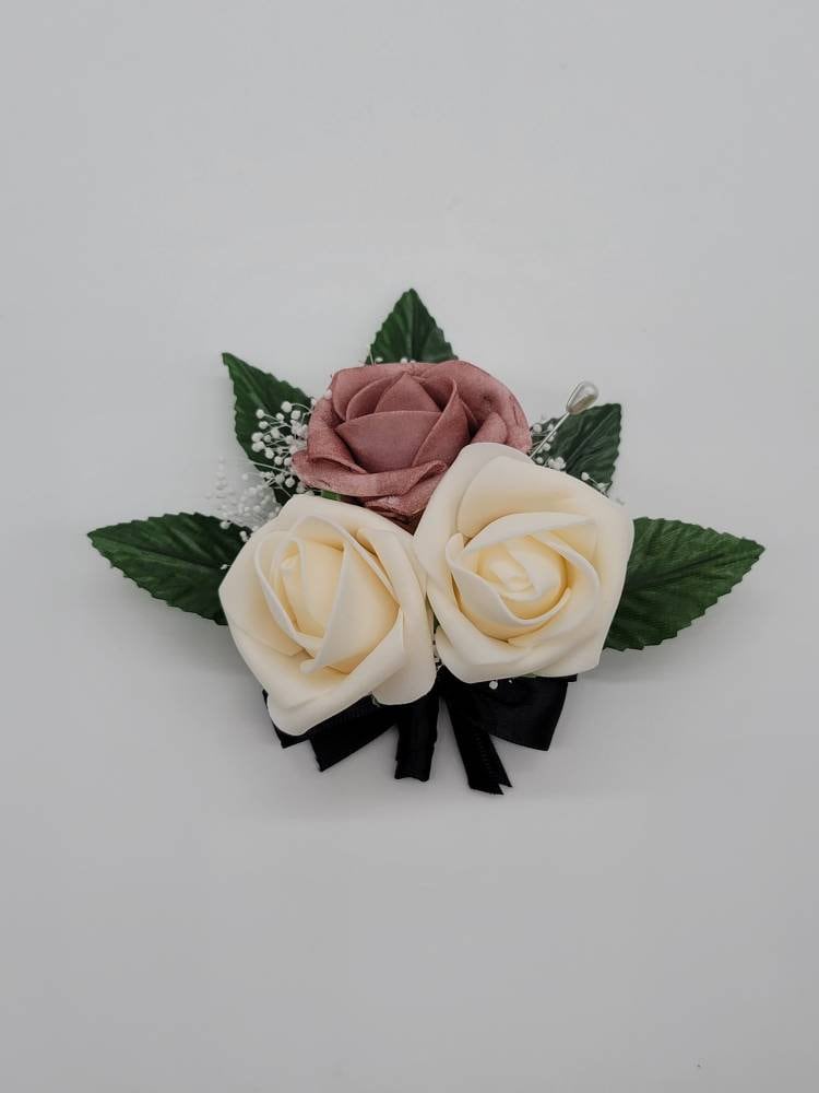 Dusty rose And ivory Boutonnieres And Corsages, Available In 27 Colors, Corsages Available In Pin On And Wrist, Matching Bouquets Available