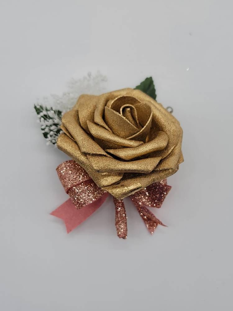 Gold and rose gold Boutonnieres And Corsages, Available In 27 Colors, Corsages Available In Pin On And Wrist, Matching Bouquets Available