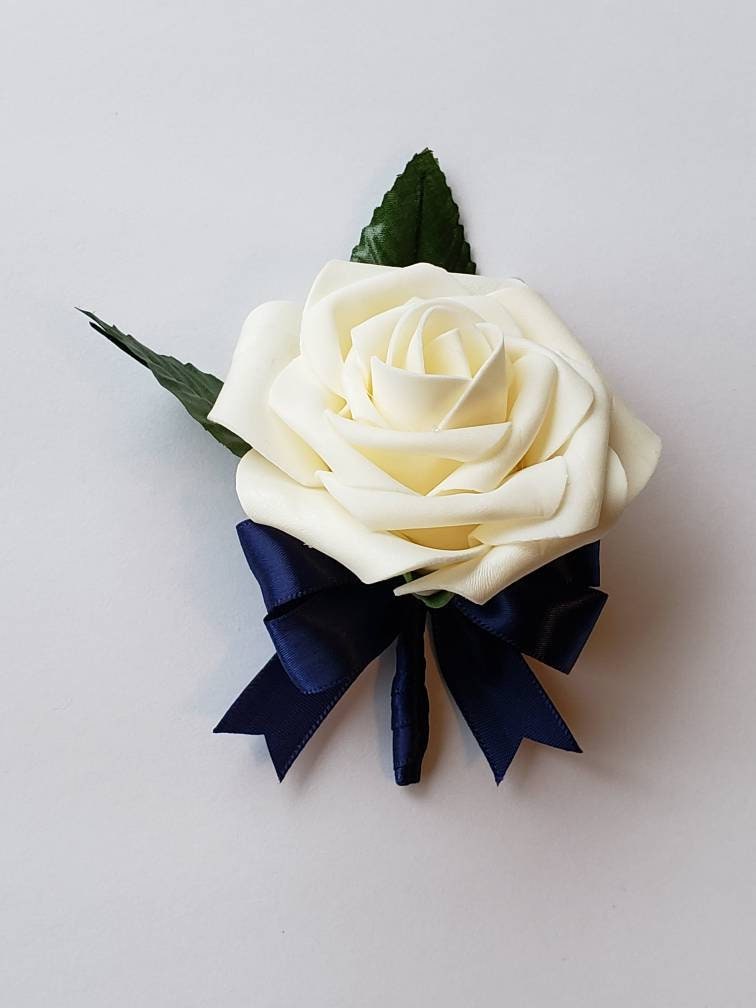 Cream And navy blue Corsages and Boutonnieres,Available In 27 Colors, Corsages Available In Pin On And Wrist, Matching Bouquets Available