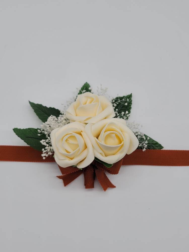 Cream And burnt orange Corsages and Boutonniere,Available In 27 Colors, Corsages Available In Pin On And Wrist, Matching Bouquets Available