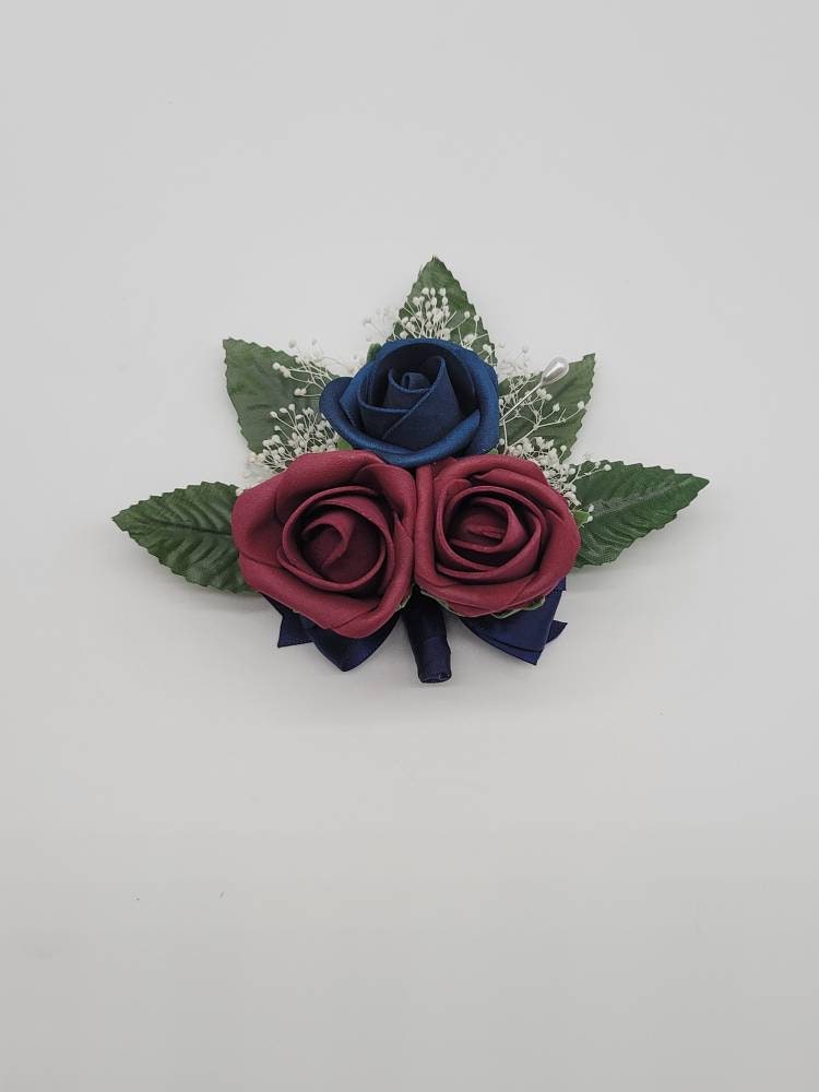 Burgundy And Navy Corsages and Boutonnieres,Available In 27 Colors, Corsages Available In Pin On And Wrist, Matching Bouquets Available