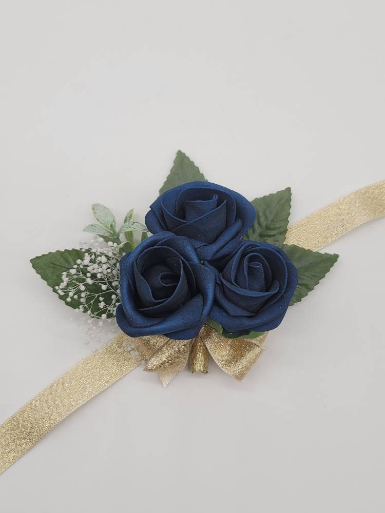 Navy and white Boutonniere With Eucalyptus And Babais Breath, Matching Corsages And Bouquets Available, 27 Colors Available,