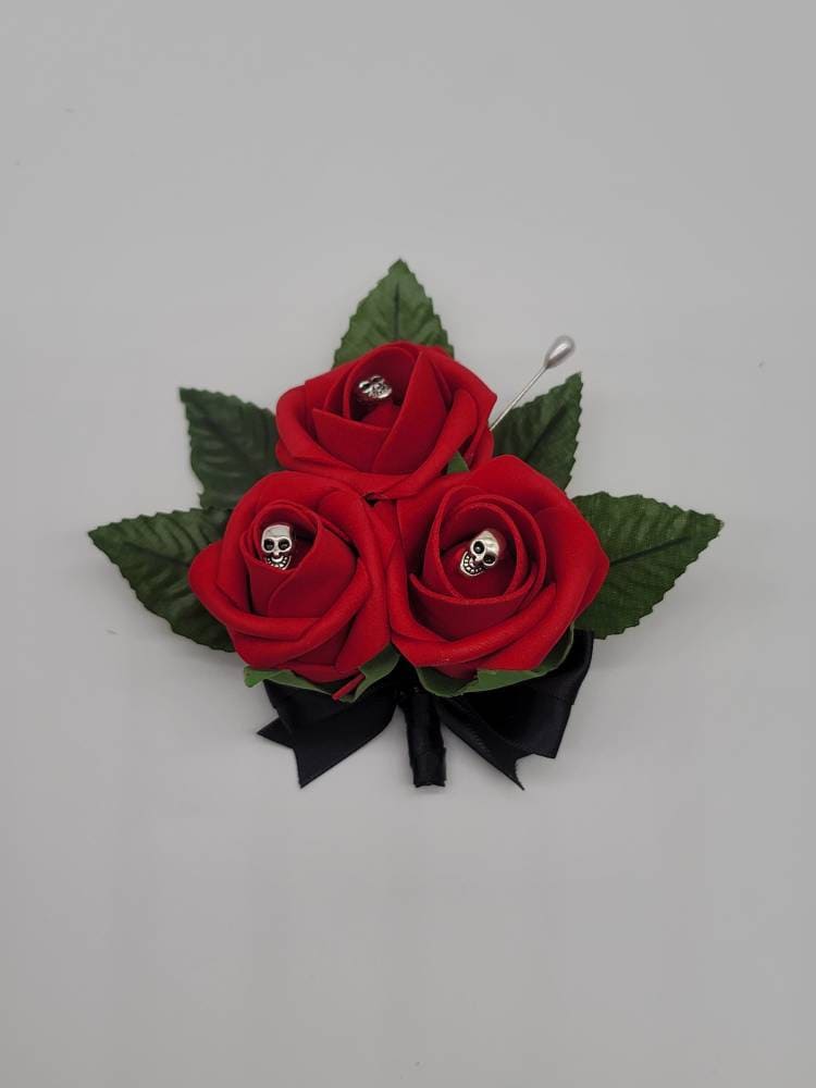 Gothic Skull Red and Black Wedding Bouquet,Bridal Bouquet, Bridesmaid Bouquet, Matching Corsages and Boutonnieres, Halloween Wedding