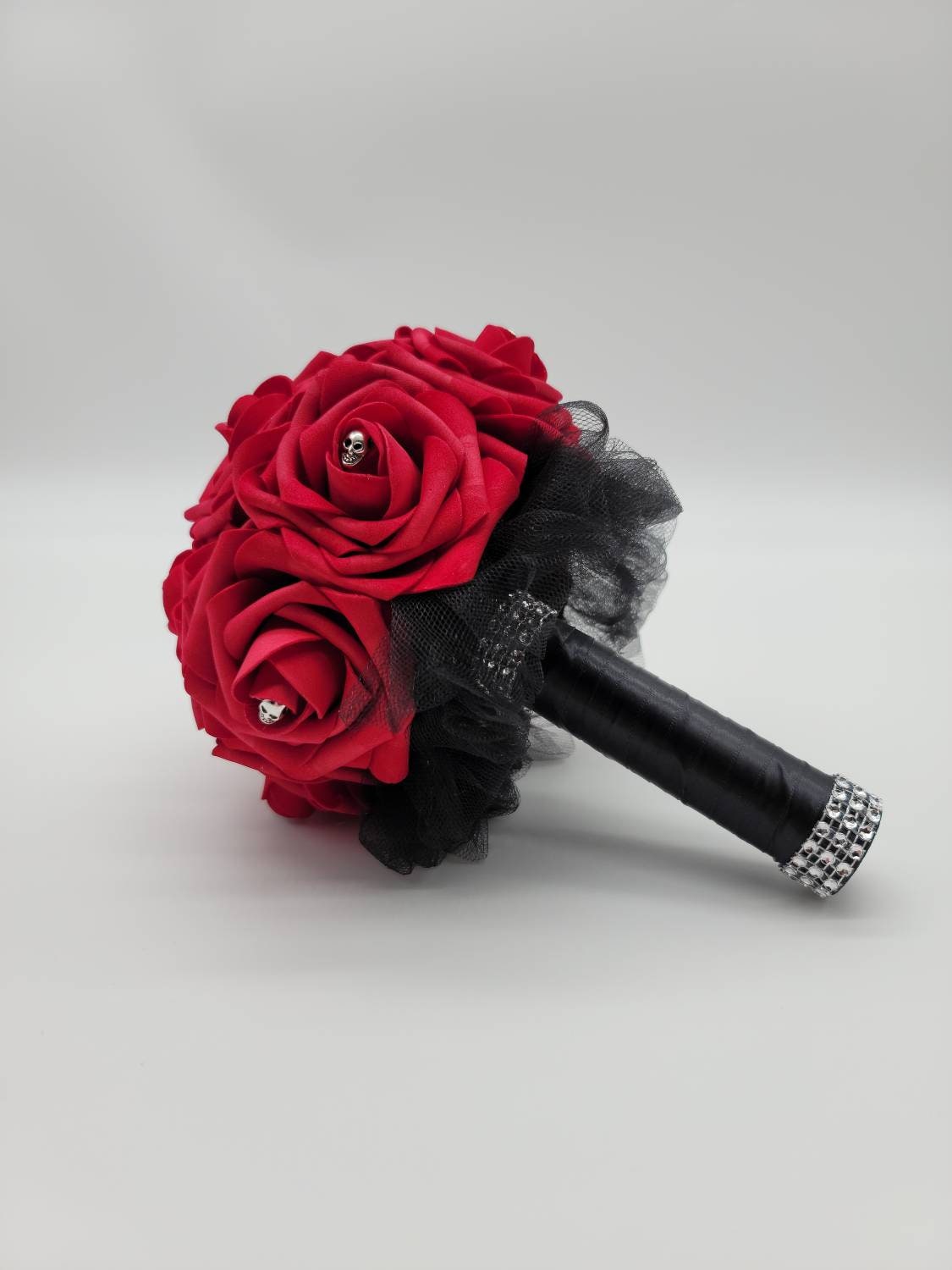 Gothic Skull Red And Black Wedding Bouquet, Bridal Bouquet, Bridesmaid Bouquet, Matching Corsages and Boutonnieres, Halloween Bouquet