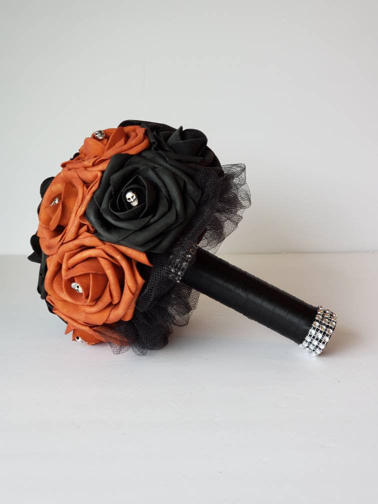 Gothic Skull Burnt Orange And Black Wedding Bouquet, Bridal Bouquet,Bridesmaid Bouquet,Matching Corsages and Boutonnieres, Halloween Wedding