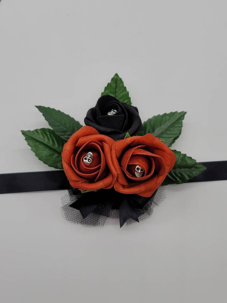Gothic Skull Burnt Orange And Black Wedding Bouquet, Bridal Bouquet,Bridesmaid Bouquet,Matching Corsages and Boutonnieres, Halloween Wedding