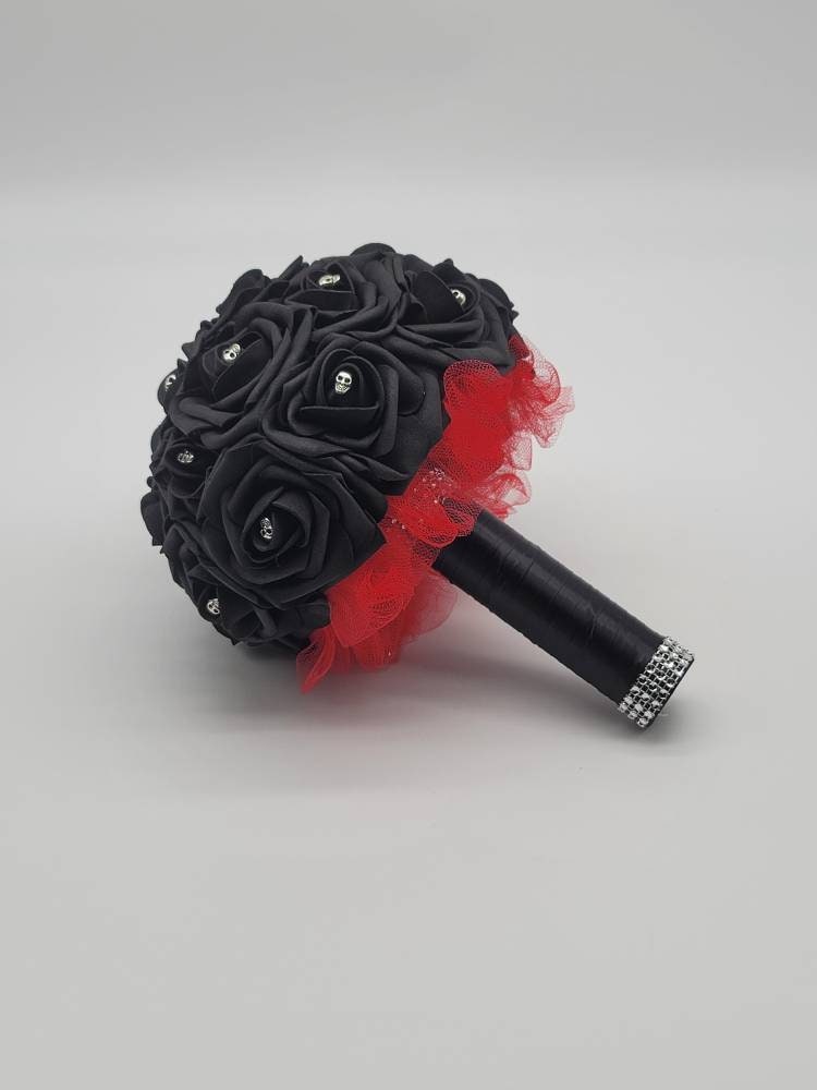 Gothic Black And Red Skull Corsages and Boutonnieres, Corsages Available In Pin On And Wrist, Matching Bouquets Available