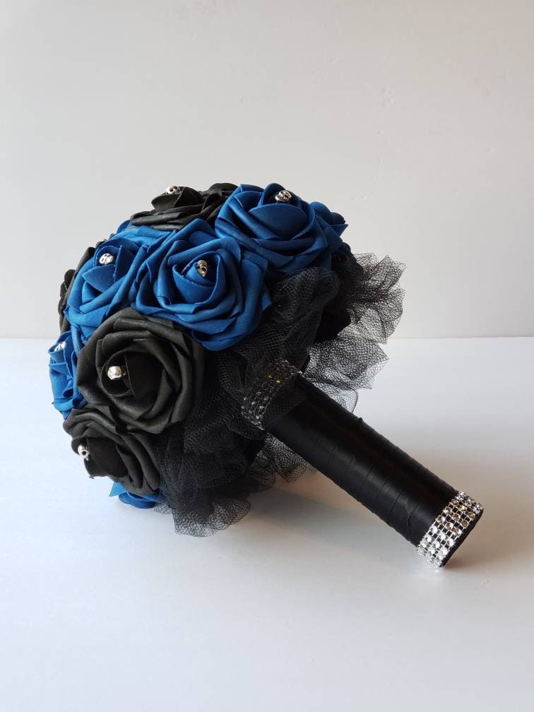 Royal Blue And Black Skull Boutonniere and Corsages, Corsages available in pin on and wrist, Halloween Wedding