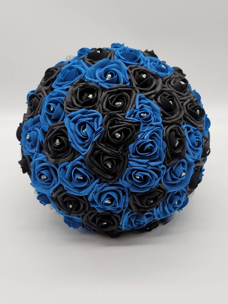 Gothic Royal Blue and Black Skull Boutonnieres And Corsages, Corsages Available in Pin on and Wrist, Halloween Wedding
