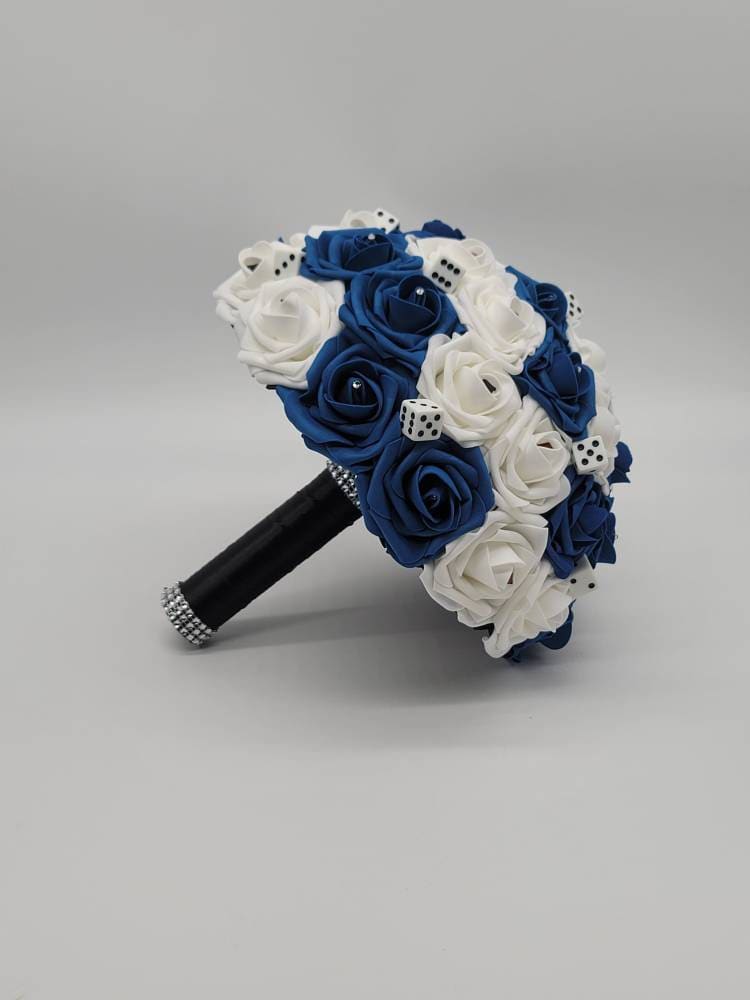 Vegas Themed Royal Blue and Black Boutonnieres and Corsages with Eucalyptus and Card Suites. Matching Bouquets, Destination Weddings