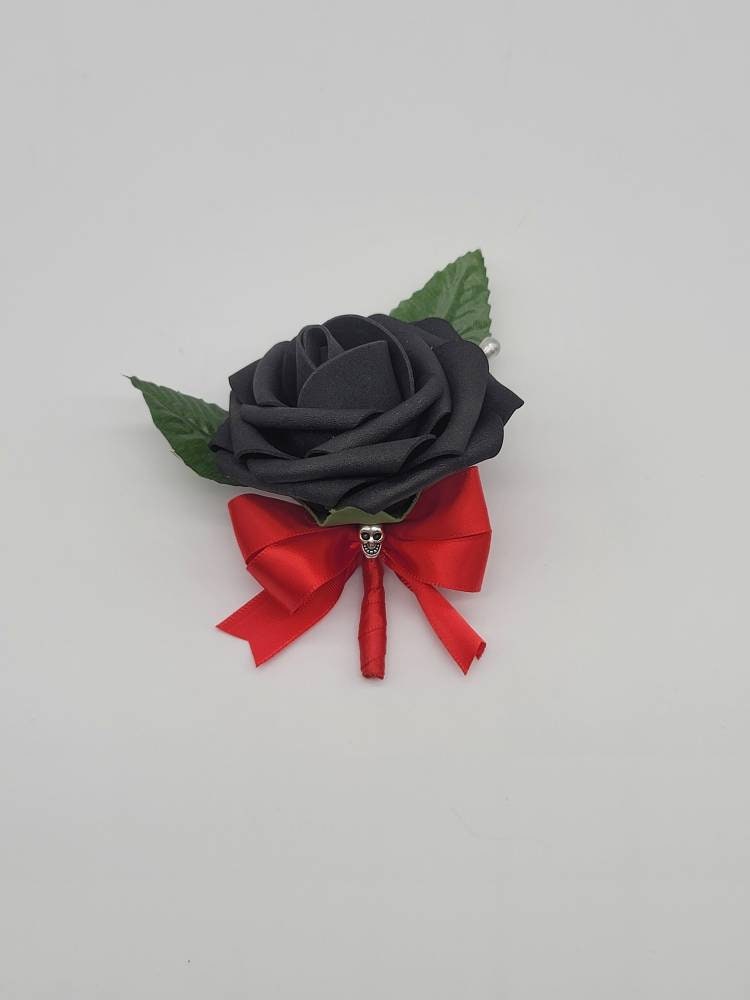 Gothic Black And Red Skull Corsages and Boutonnieres, Corsages Available In Pin On And Wrist, Matching Bouquets Available