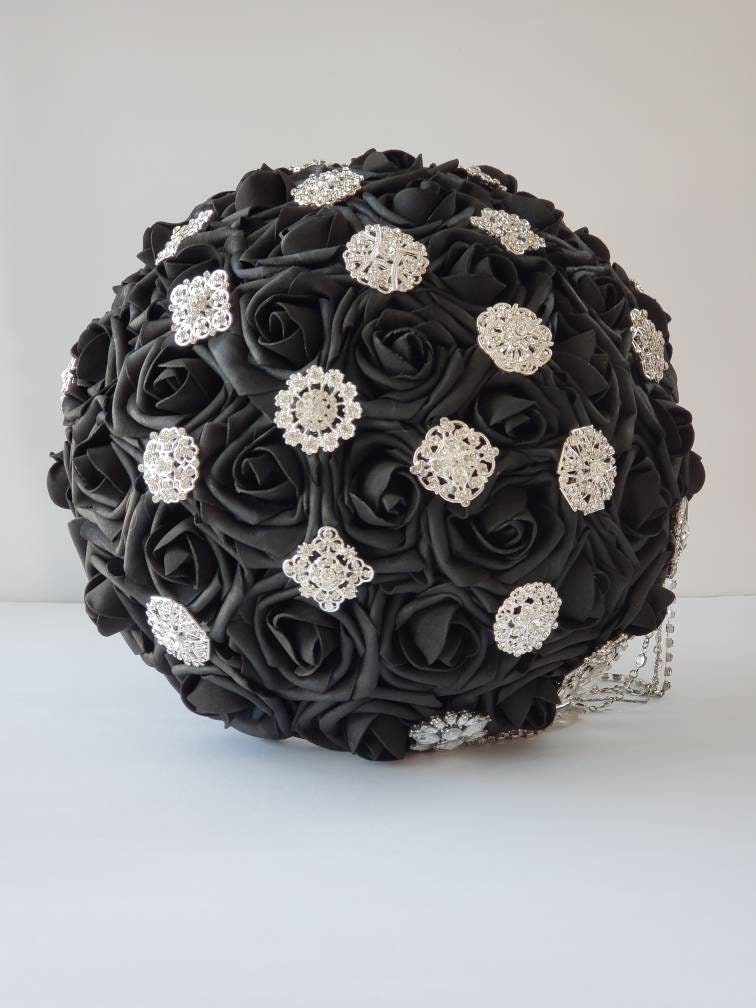 Cascading Black Brooch Bridal Bouquet With Chain, Available Matching Boutonnieres and Corsages, Available In 27 Colors, Gothic Bouquet