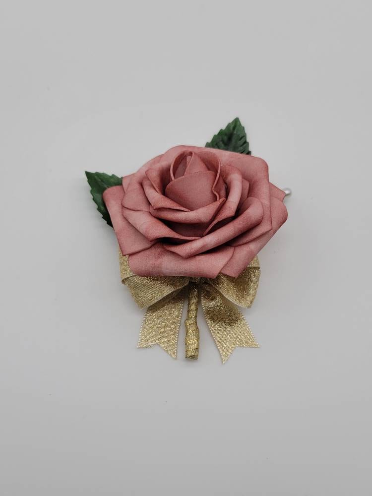 Dusty rose And gold Boutonnieres And Corsages, Available In 27 Colors, Corsages Available In Pin On And Wrist, Matching Bouquets Available