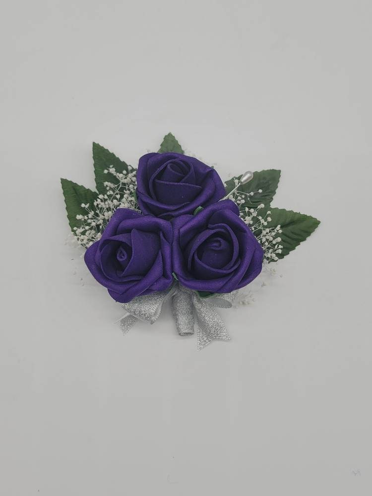 Dark Purple And silver Boutonnieres And Corsages, 27 Colors Available, Corsages Available In Pin On And Wrist,Matching Bouquets Available