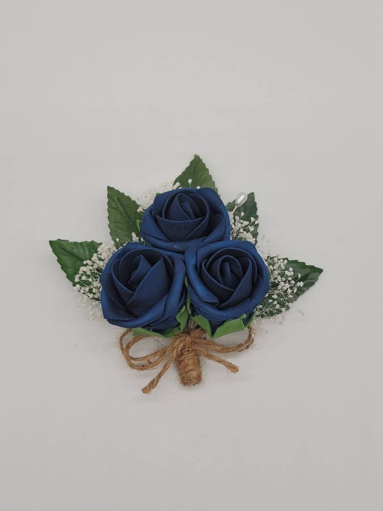 Navy and twine Boutonnieres And Corsages, Available In 27 Colors, Corsages Available In Pin On And Wrist, Matching Bouquets Available
