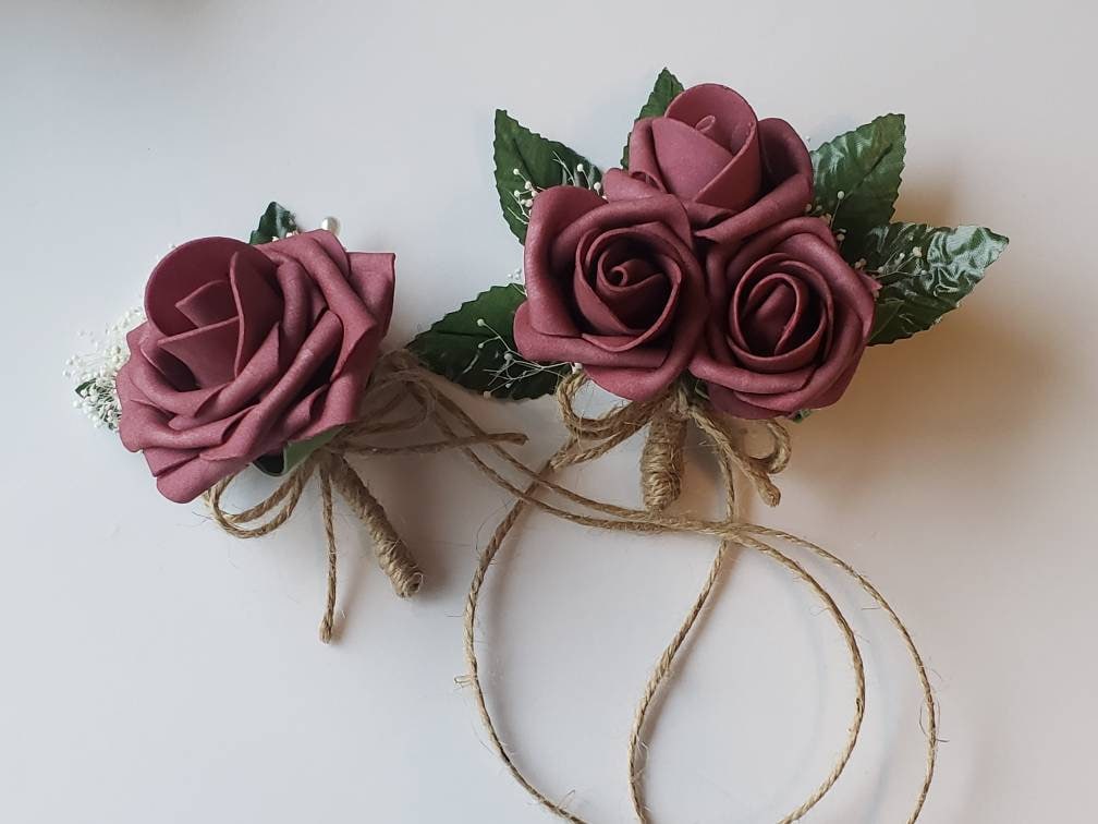 Mauve and twine Boutonnieres And Corsages, Available In 26 Colors, Corsages Available In Pin On And Wrist, Matching Bouquets Available