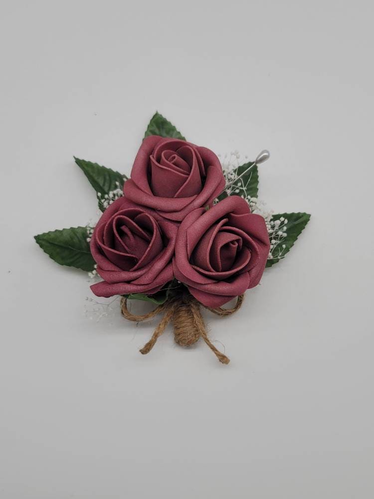 Mauve and twine Boutonnieres And Corsages, Available In 26 Colors, Corsages Available In Pin On And Wrist, Matching Bouquets Available