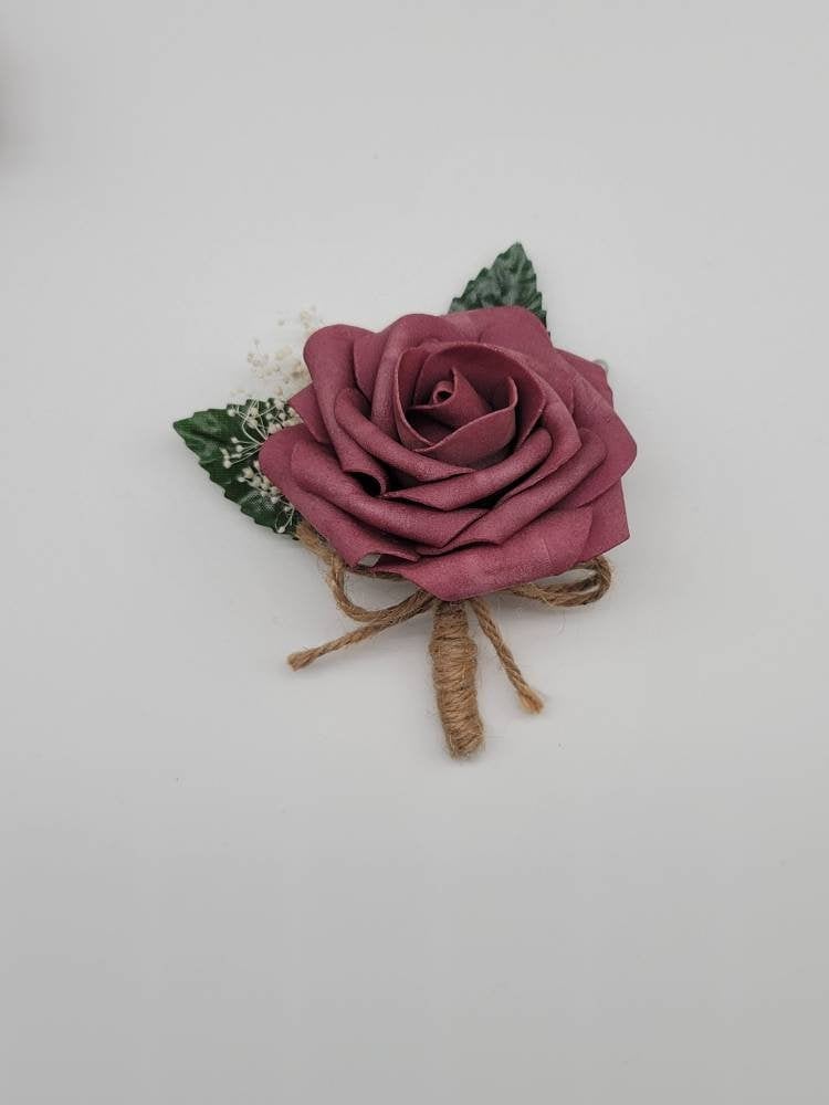 Mauve and twine Boutonnieres And Corsages, Available In 26 Colors, Corsages Available In Pin On And Wrist, Matching Bouquets Available