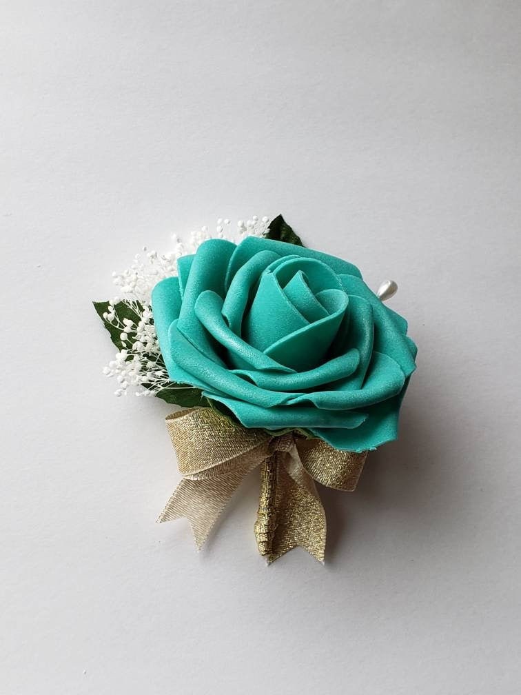 Teal And Gold Boutonnieres And Corsages, Available In 27 Colors, Corsages Available In Pin On And Wrist, Matching Bouquets Available
