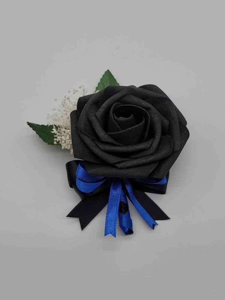 Black And Royal Blue Boutonniere With French Twist Stem And Rhinestones On Roses. Men's Boutonniere,27 Colors Available,Matching Bouquets
