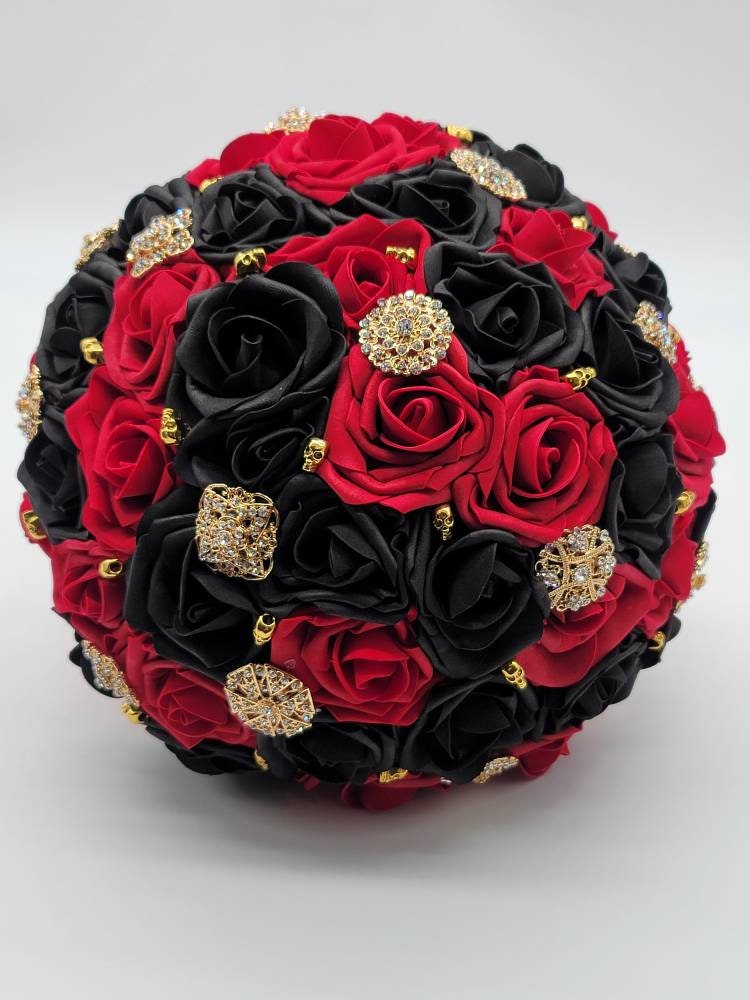 Gothic Skull Black And Red Boutonniere and Corsages, Corsages Available In Pin On And Wrist, Matching Bouquets Available