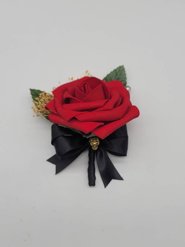 Gothic Skull Red And Black Boutonnieres and Corsage, Corsage Available in Pin on or Wrist