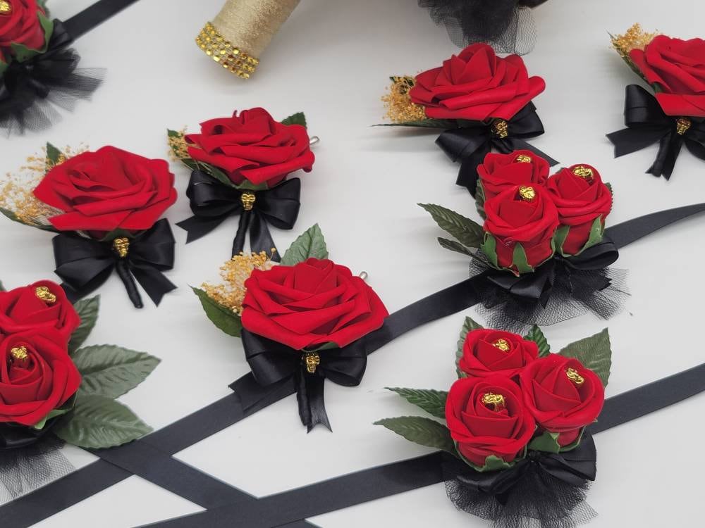 Gothic Skull Red And Black Boutonnieres and Corsage, Corsage Available in Pin on or Wrist