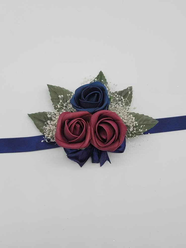 Burgundy And Navy Corsages and Boutonnieres,Available In 27 Colors, Corsages Available In Pin On And Wrist, Matching Bouquets Available