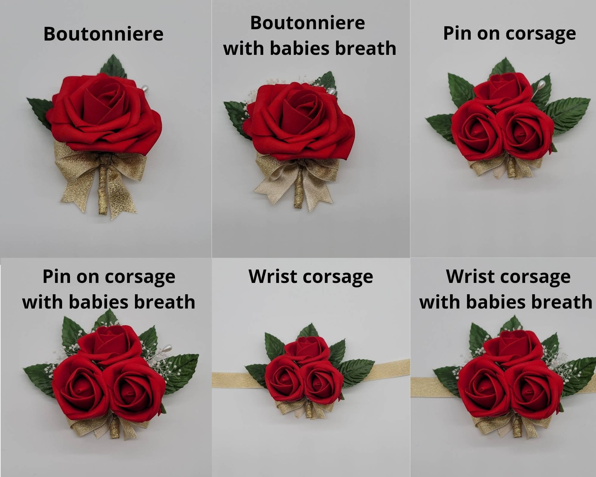 Assortment of floral accessories, including boutonnieres, corsages, and wrist corsages. Each features red roses, green leaves, and gold ribbon or wristbands. Some designs incorporate baby's breath. Text on the image reads "Boutonniere", "Pin on corsage", and "Wrist corsage".